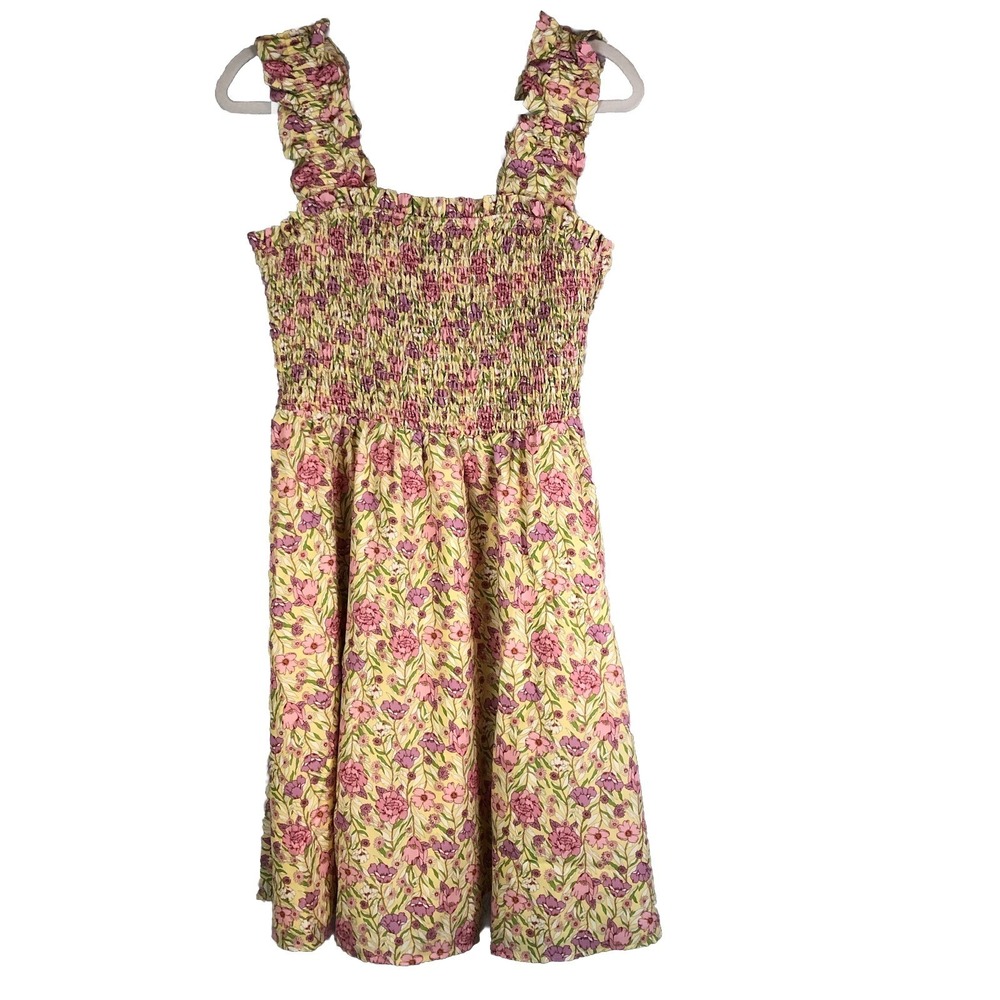 Kate Kasin Womens Large Yellow Floral Dress Mid Length Lined Boho Babydoll Y2K
